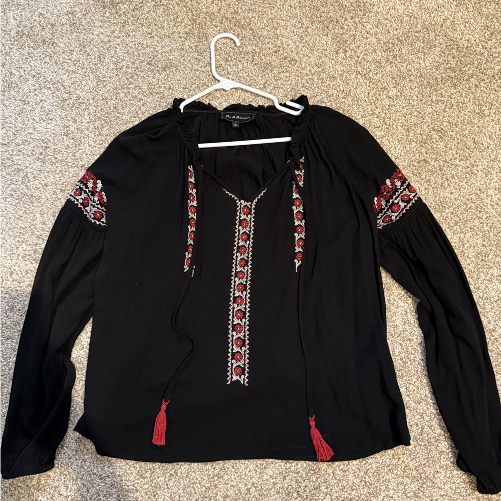 Lucky Brand Black Blouse with Red Embroidery